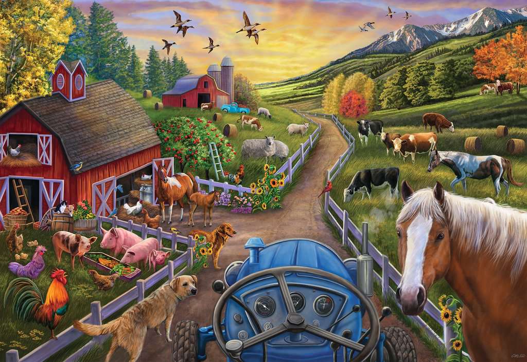 the puzzle art showing a farm with farm animals and a tractor