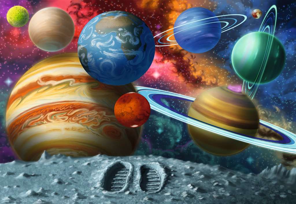 the puzzle art showing a variety of planets with astronauts footprints on the moon in the foreground