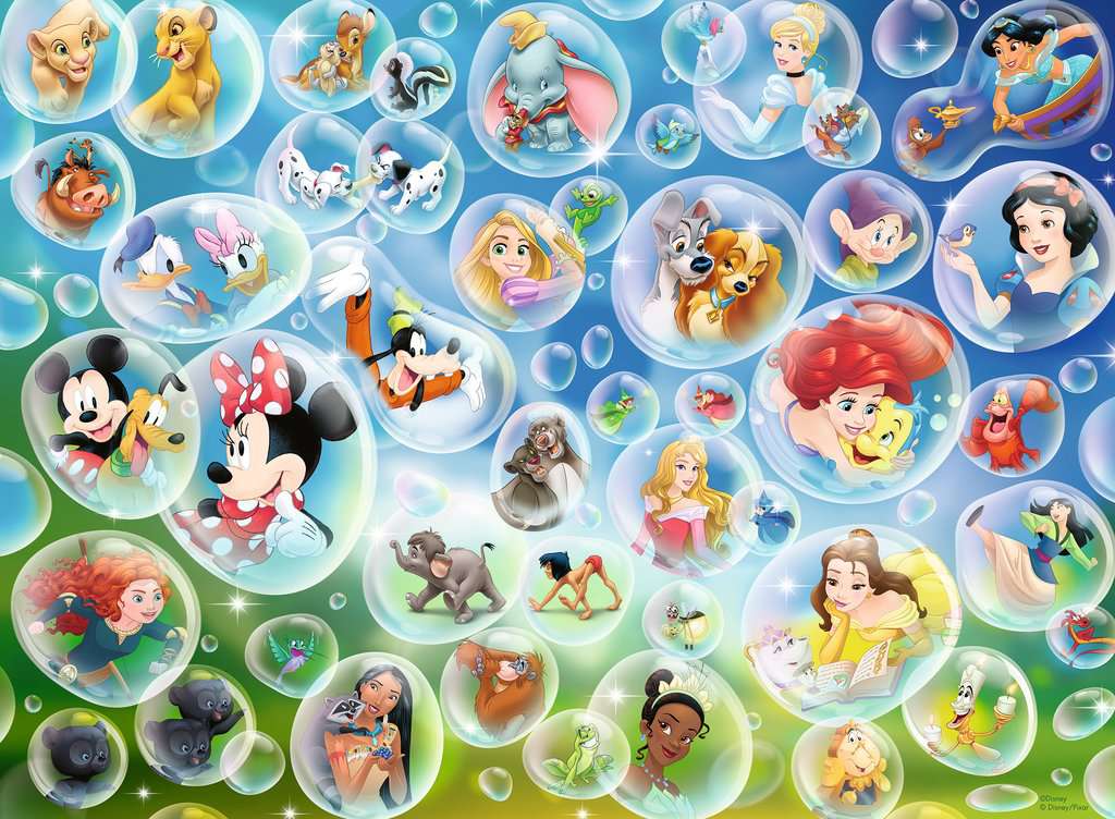 the puzzle art showing various disney characters in bubbles