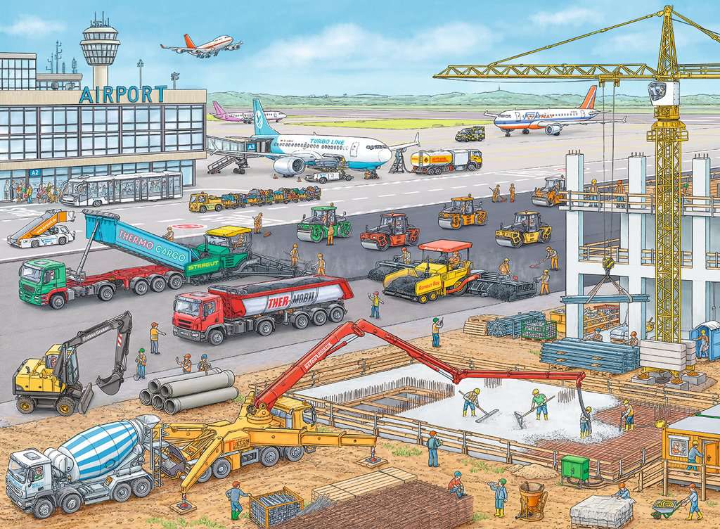 the puzzle art showing an airport with construction vehicles