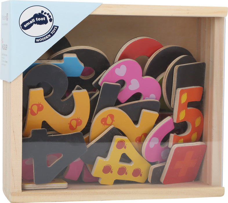 the shrinkwrapped wooden box contains a variety of large colorful numbers with magnets on the back