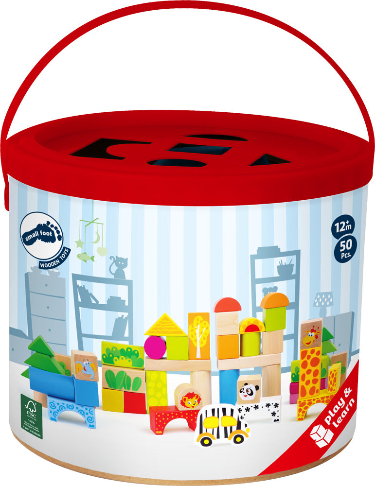 a colorful bucket showing the zoo building blocks
