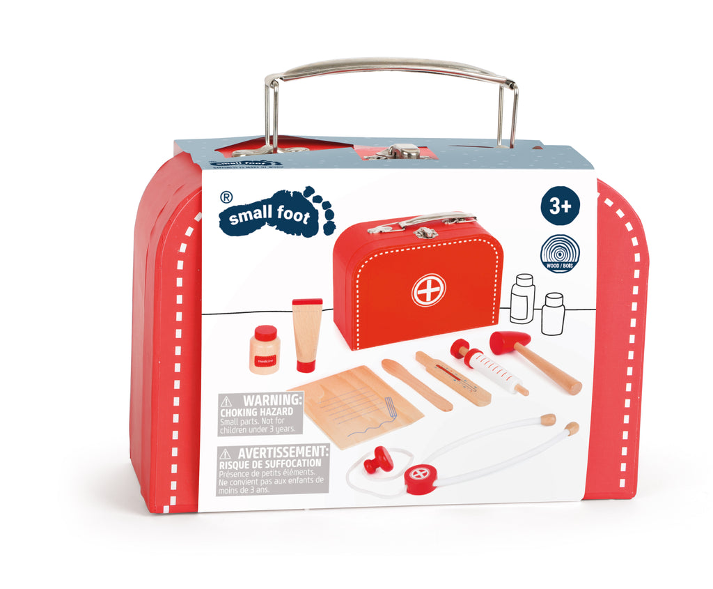 the package showing the doctor bag and the various wooden play tools that come with it