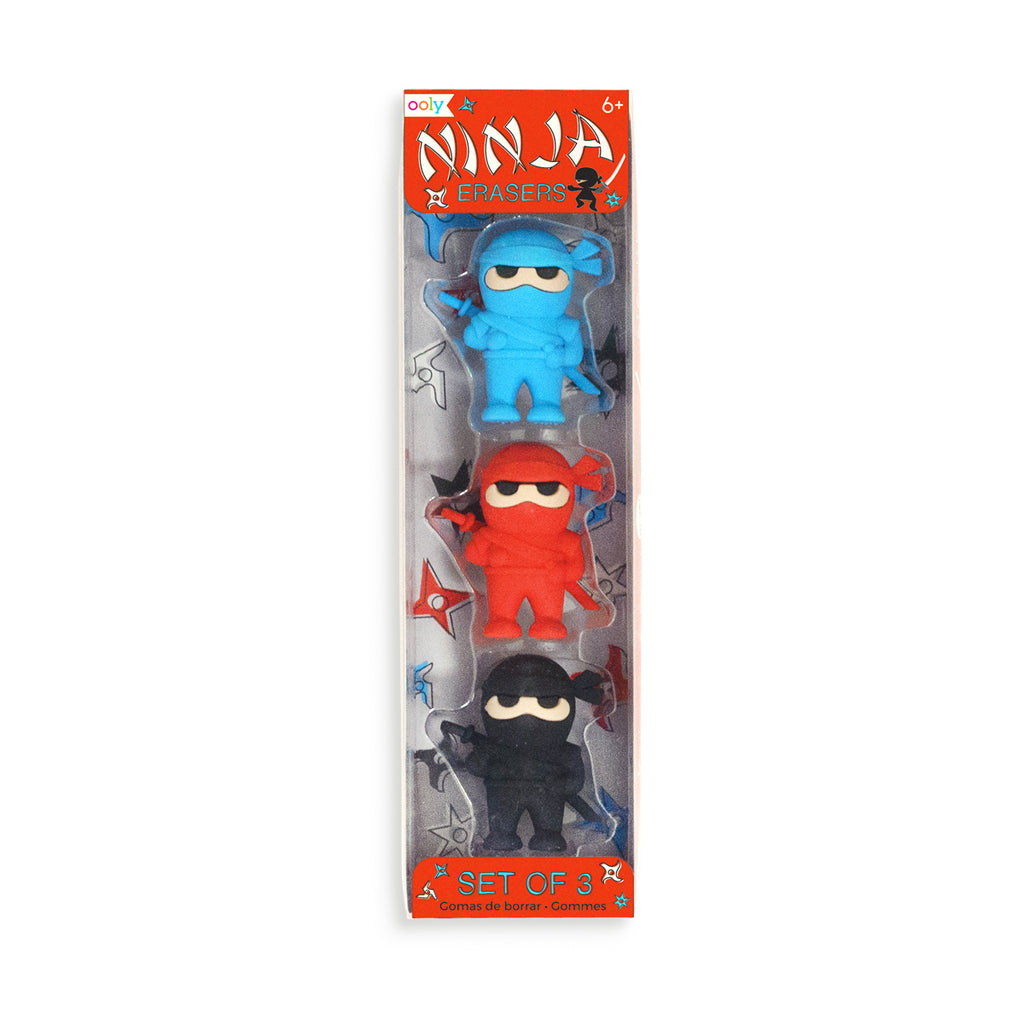 the package with blue, red, and black ninja erasers