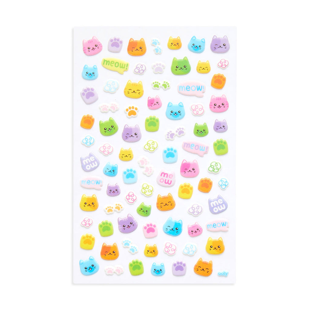a set of puffy stickers showing a vareity of multicolored cats