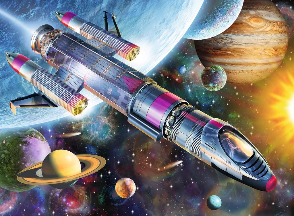 the puzzle art showing a space ship in front a backdrop of various planets