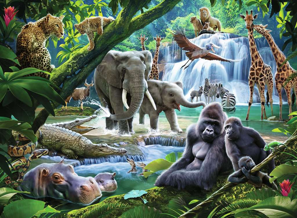 the puzzle art showing a variety of jungle animals in the jungle