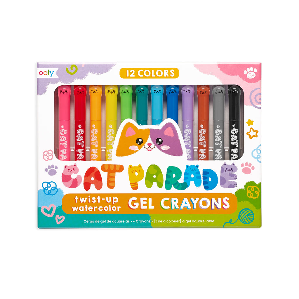 the package showing 12 colorful gel crayons with cute faces of cats