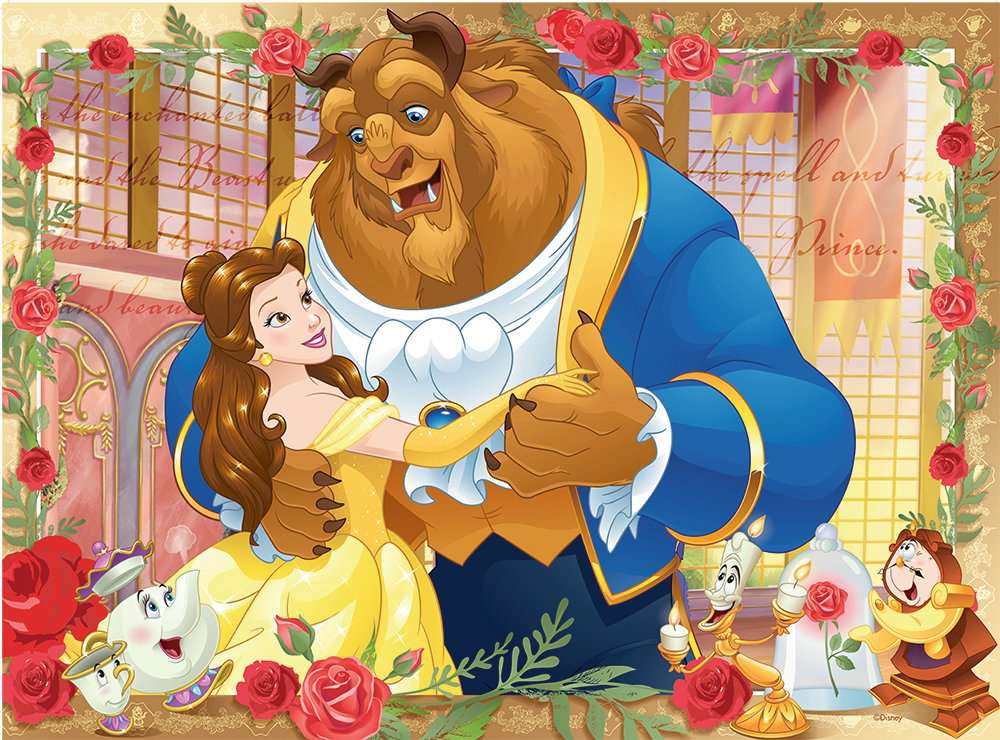 the puzzle art showing belle and the beast dancing