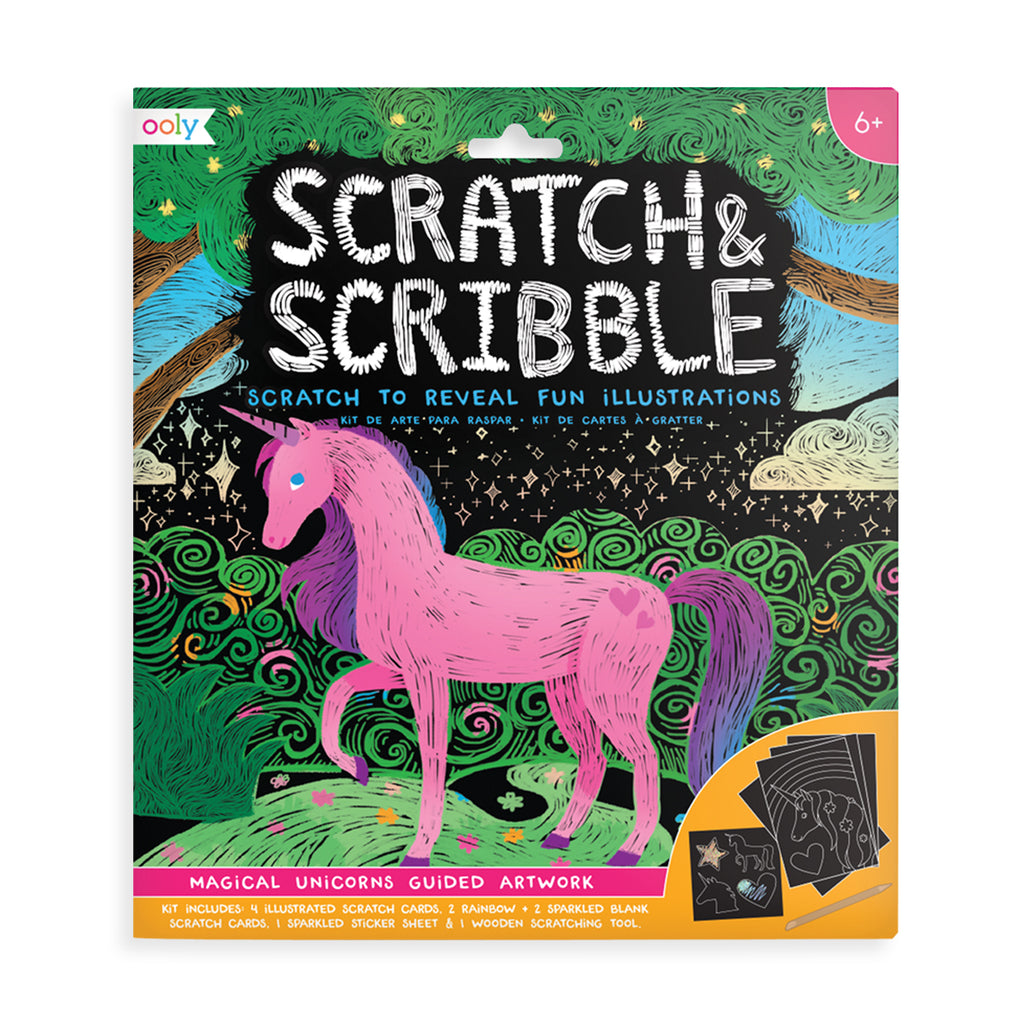 the cover showing a pink unicorn and trees scratched out of a black scratch card