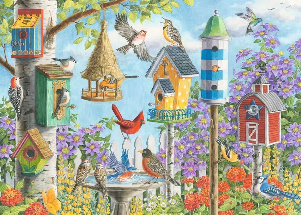 the puzzle art showing various birds, bird houses, and flowers