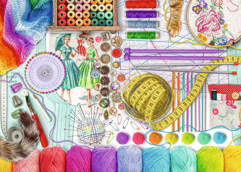 the puzzle art showing a variety of thread and sewing tools