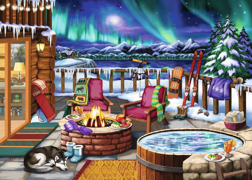 the puzzle art showing a cozy patio at a log cabin under the aurora borealis