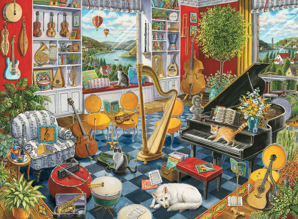 the puzzle art showing a room filled with musical instruments