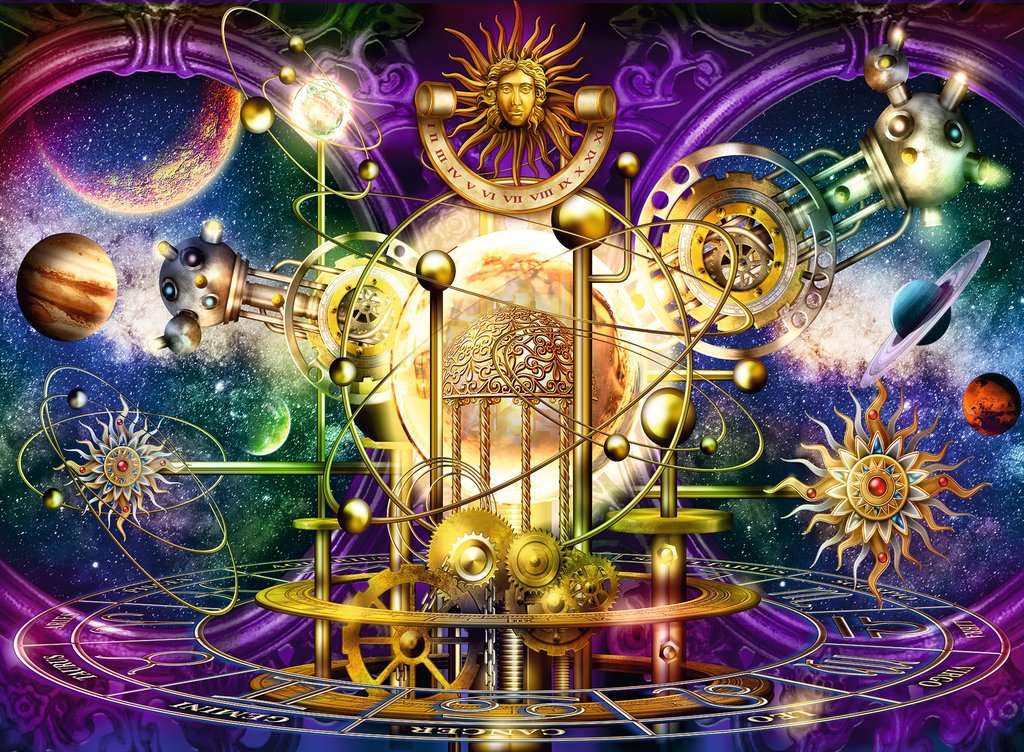 puzzle art showing astronomical clock and solar system