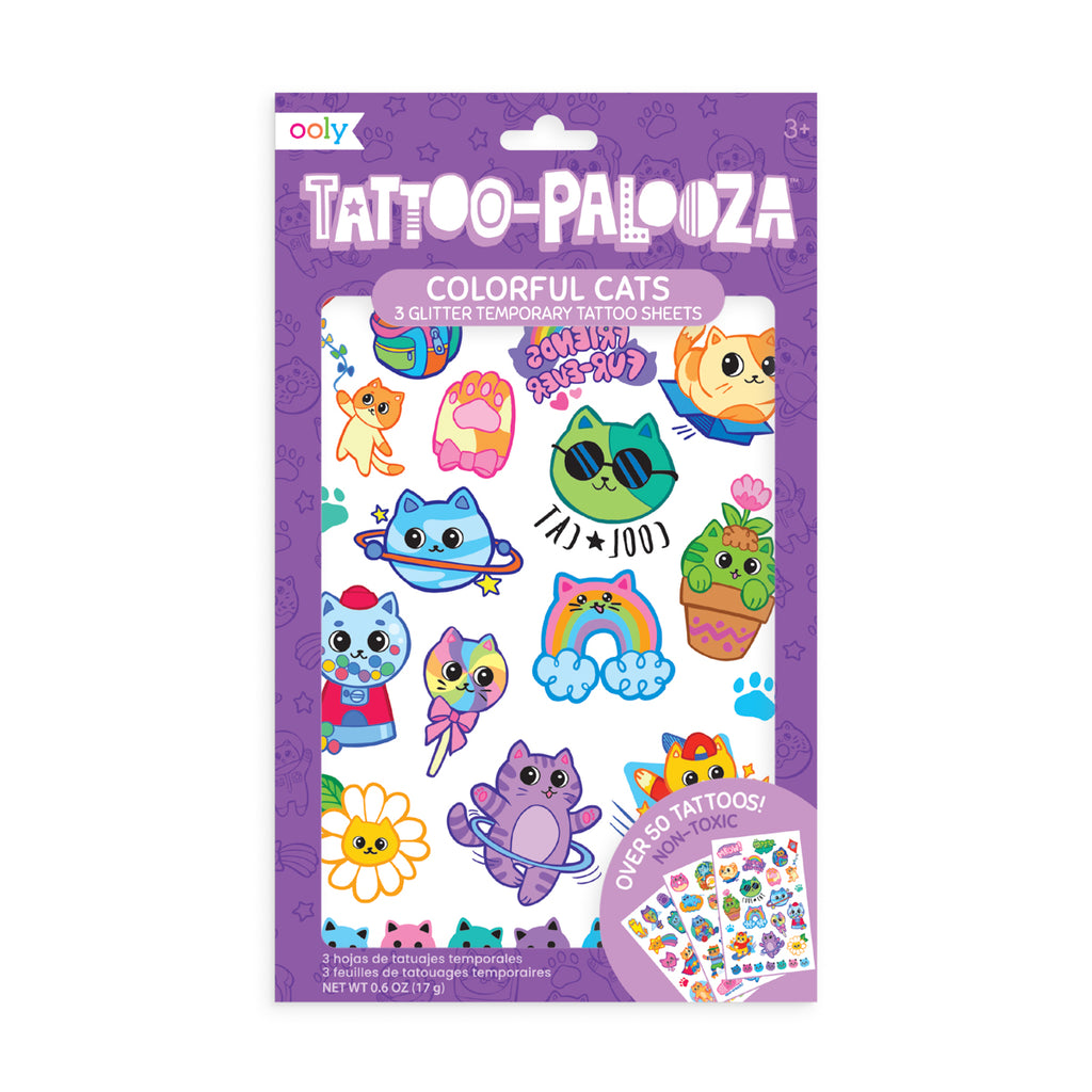 the package shows temporary tattoos of cute kitten drawings