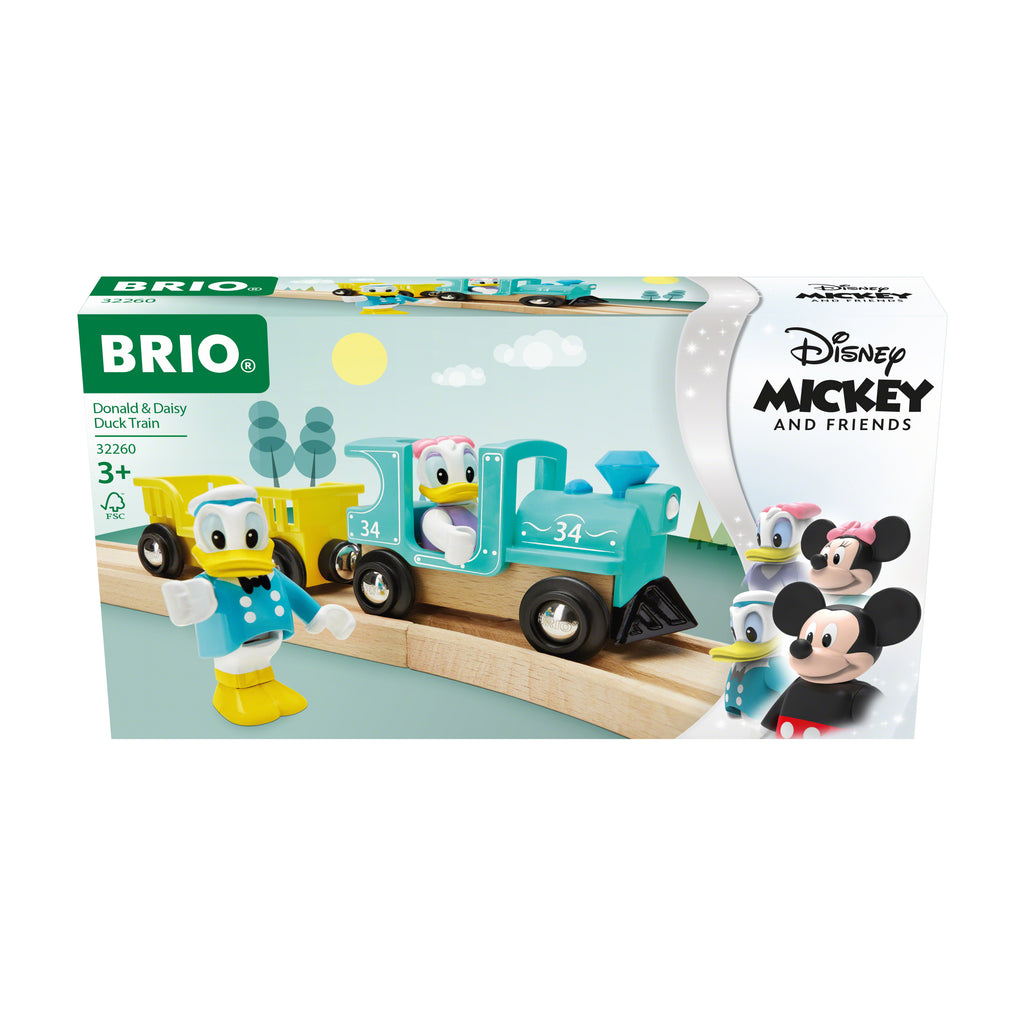the box showing a wooden train with wooden donald and daisy duck figures