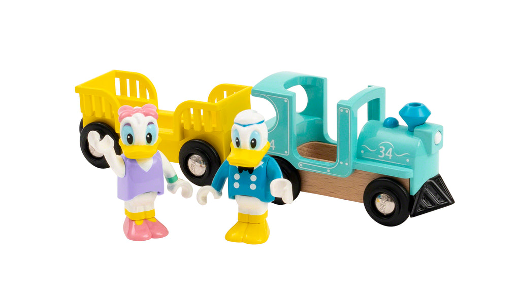 a wooden train engine and passenger car with donald and daisy duck figures