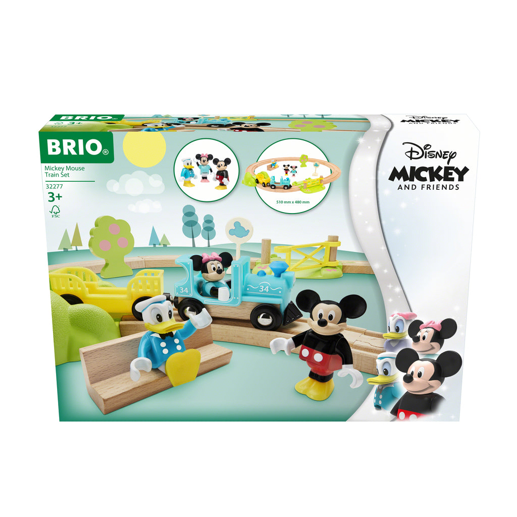 the package showing the train set that includes track, engine, passenger car, figures of mickey mouse, minnie mouse, and donald duck, and various accessories