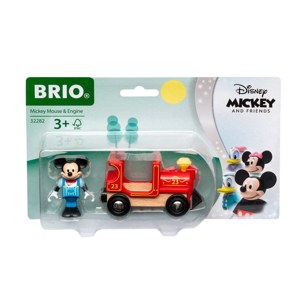 the package showing the wooden red train engine and a mickey mouse figure