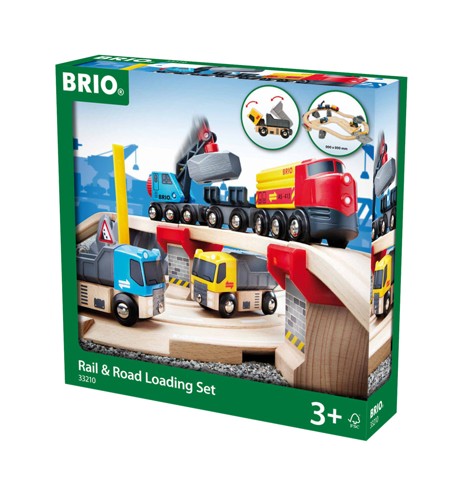 the box showing wooden track, a crane, dumptruck, train engine, and flatbed car