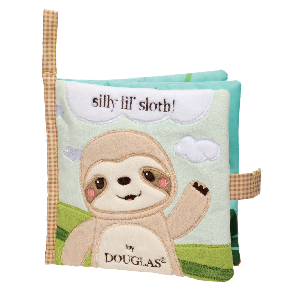 a cloth book with a cute sloth on the cover with the title silly lil' sloth