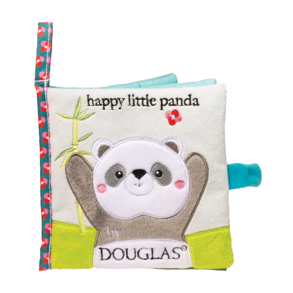 a stuffed cloth book wiht a panda and the title happy little panda