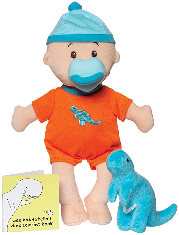 photo of plush baby doll in orange onesie with blue cap and plush blue dinosaur companion 