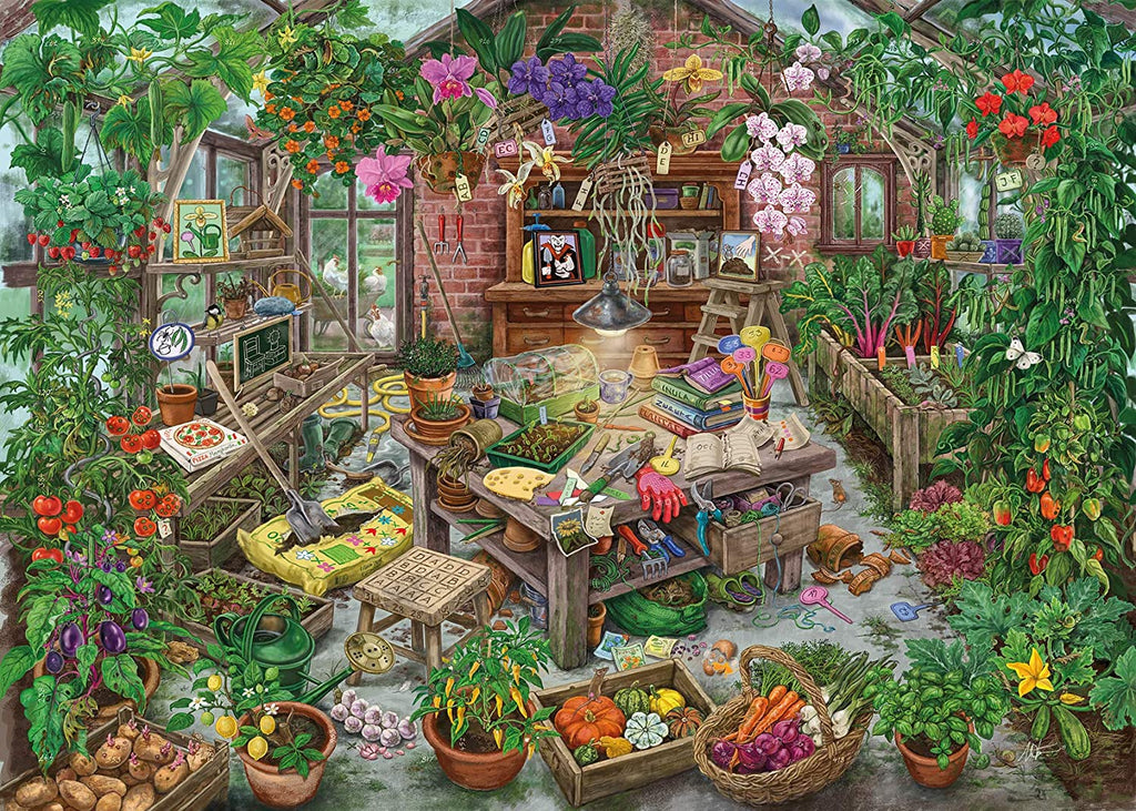 the puzzle art showing a greenhouse full of plants and tools