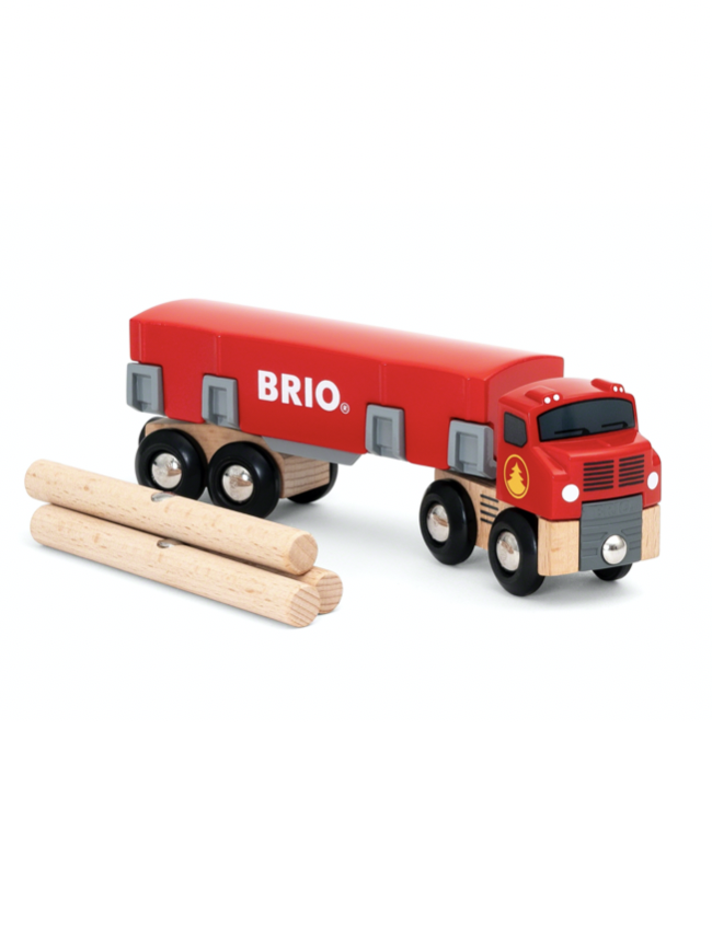 the red lumber truck with three tree trunks next to it