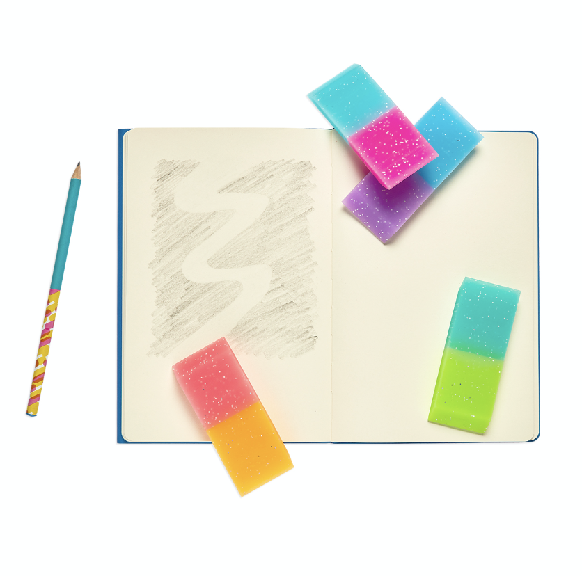 four multicolored rectangular erasers with glitter on a sketch pad