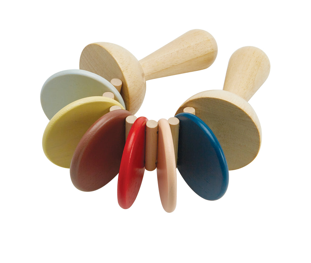 a colorful wooden noisemaker with wooden discs that clack against each other