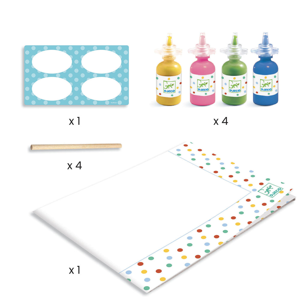 the contents showing bottles of paint, an application stick, a template and paper