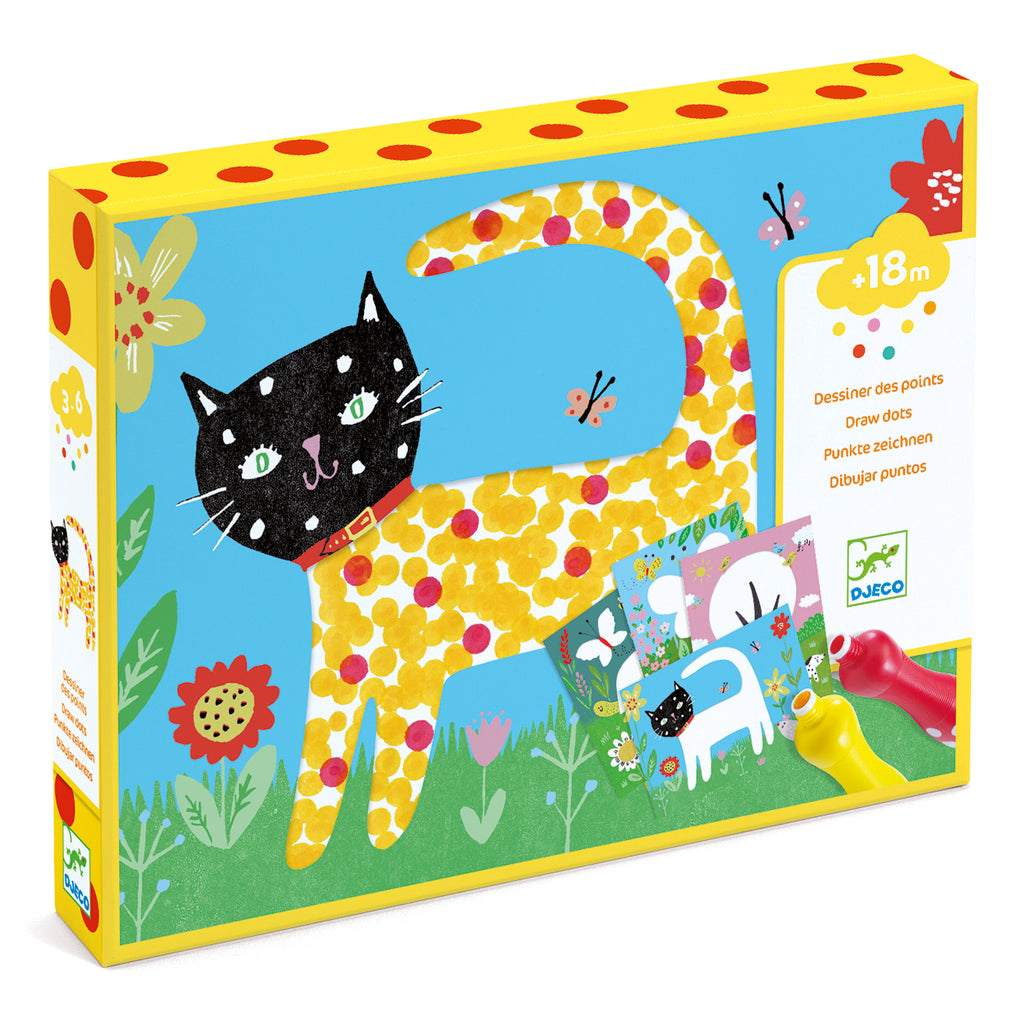 the box cover showing an illustrated cat with dots of paint on its body