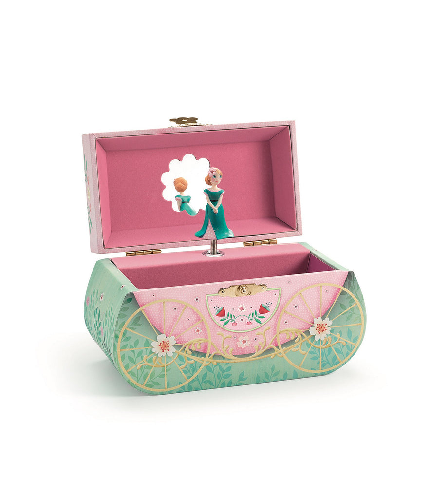 The open music box showing a princess in front of a mirror