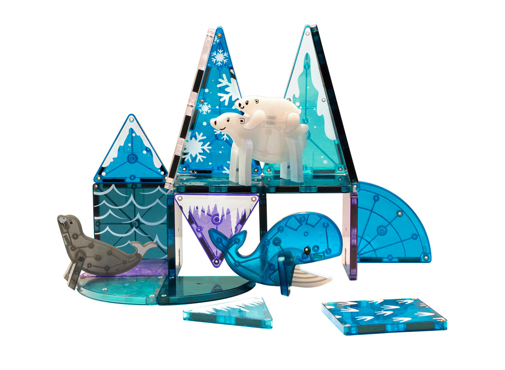 the set up features frosty looking triangular and square tiles and includes polar bears, a whale, and seal figures