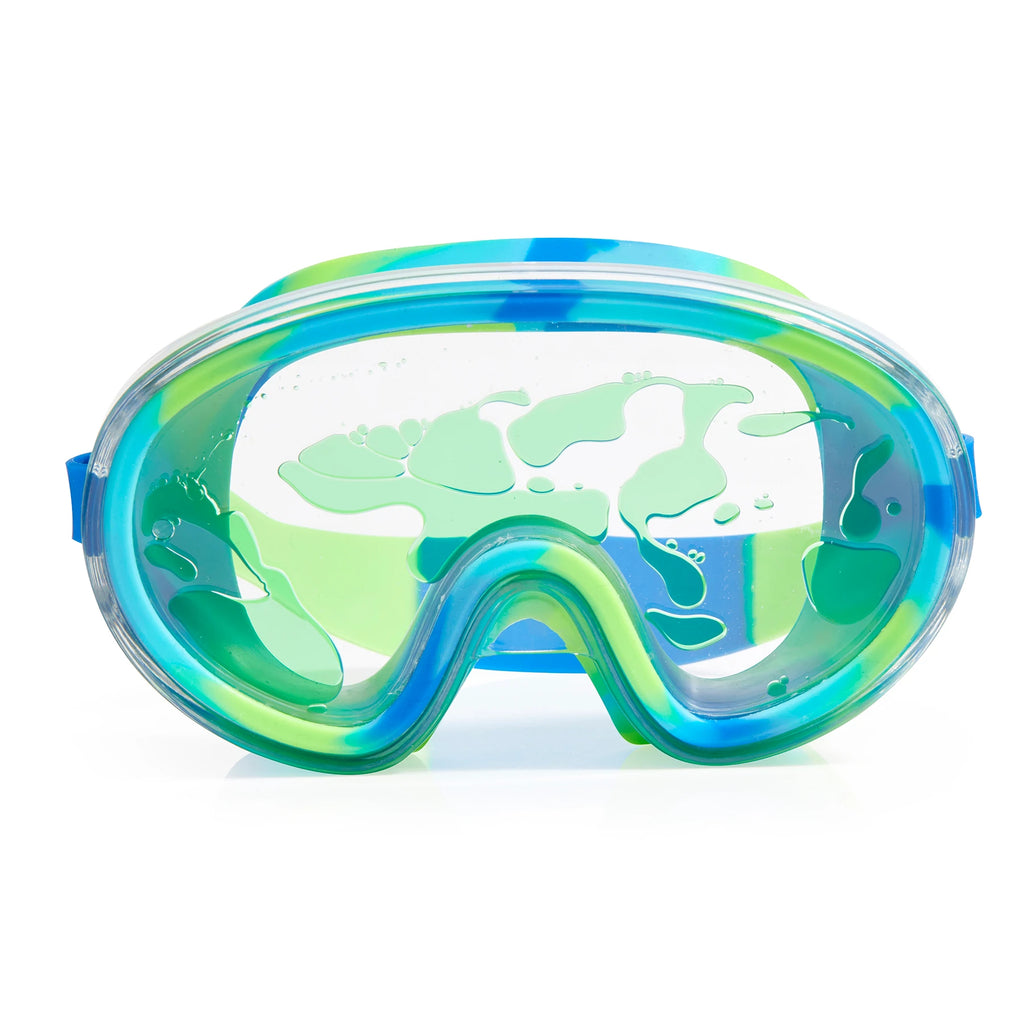 blue and green swim goggles with green lava in the lens