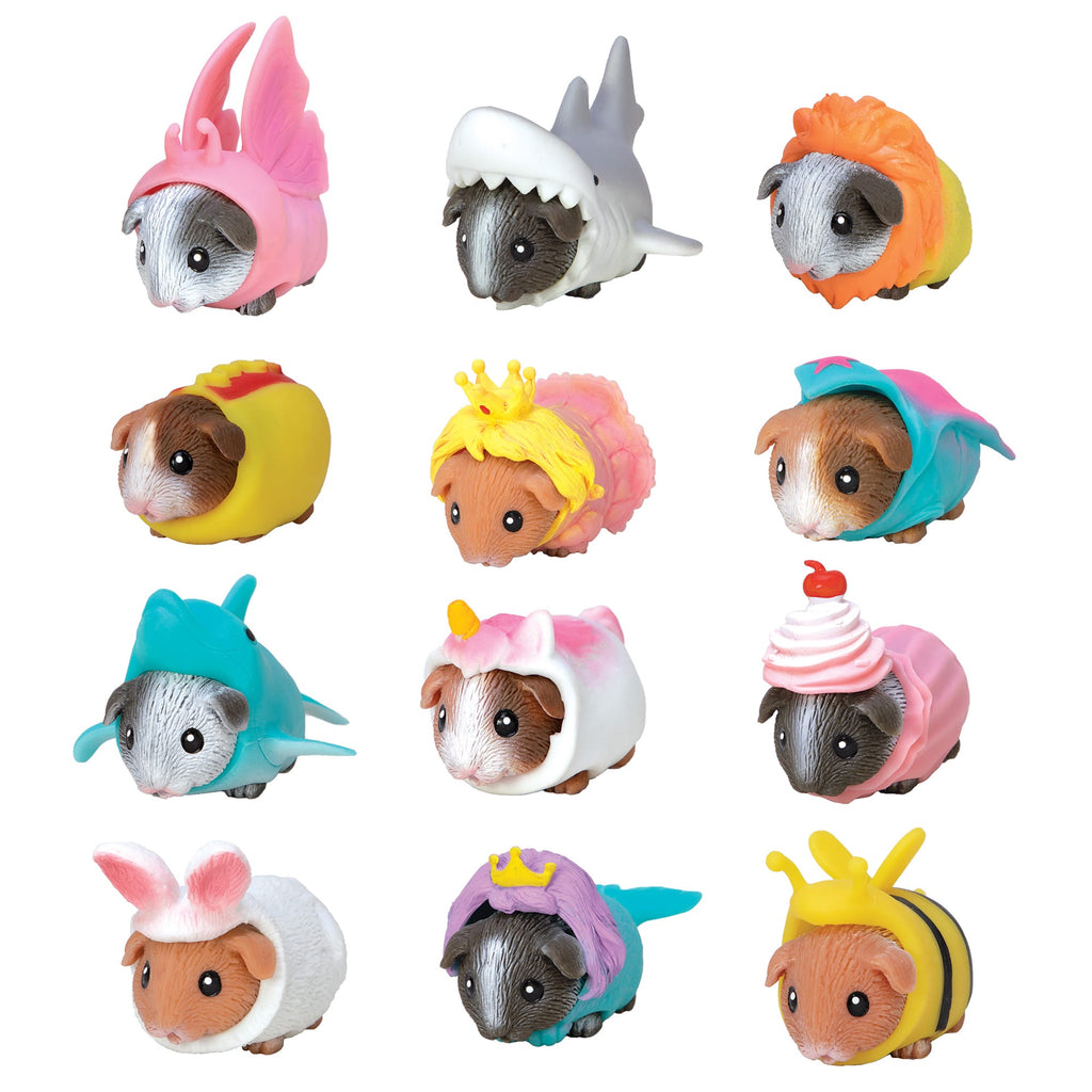 an assortment of guinea pigs wearhing costumes of hotdogs, sharks, rabbits, bees, cupcakes, unicorns, lions, dragons, and princesses