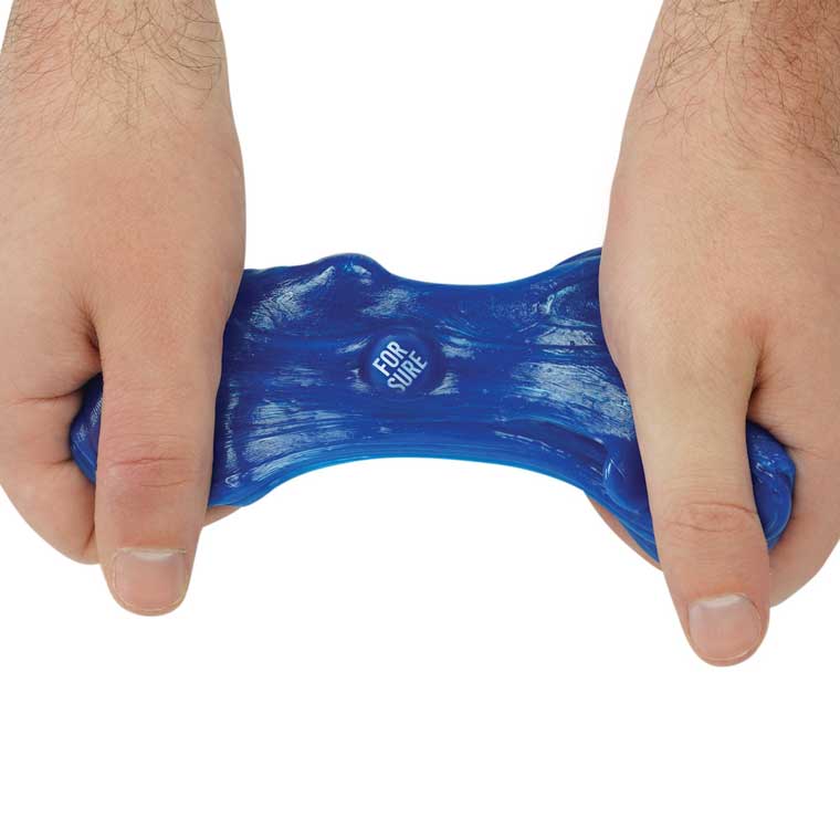 two hands stretching the blue putty with with a "for sure" prediction embedded in it