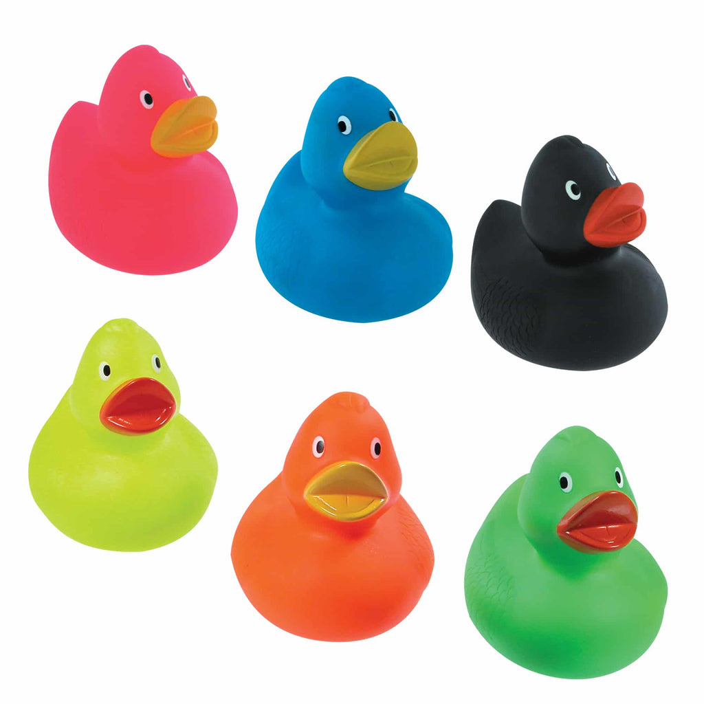 the assortment of Black, Blue, Green, Orange, Pink, Yellow rubber duckies