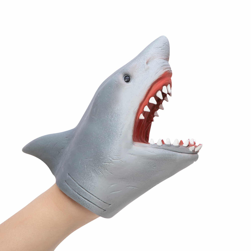 the shark puppet with mouth open