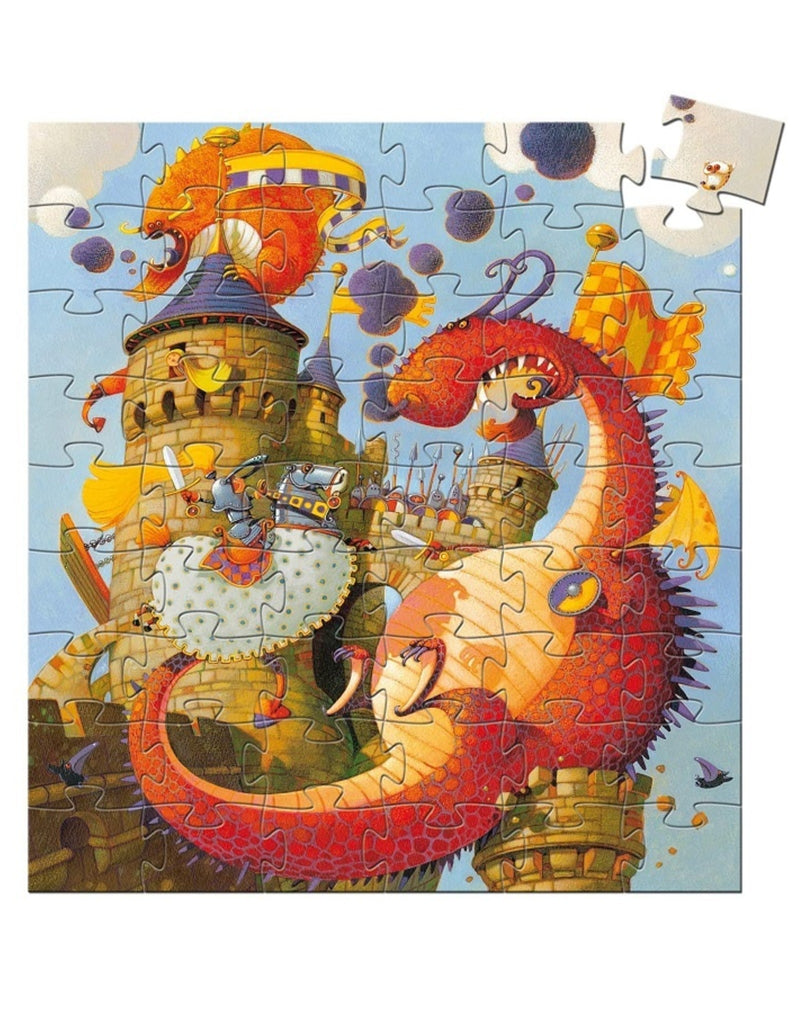 the puzzle showing a dragon and a knight on a horse in front of a castle