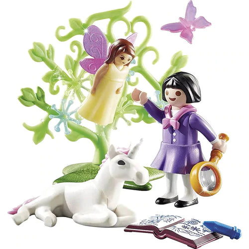 the playmobil plants, fairy, unicorn, book,  and girl