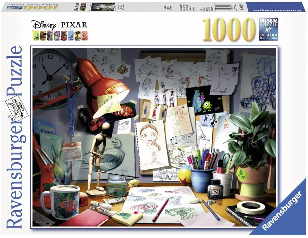 the ravensburger disney artist's desk 1000 piece puzzle cover showing the puzzle art