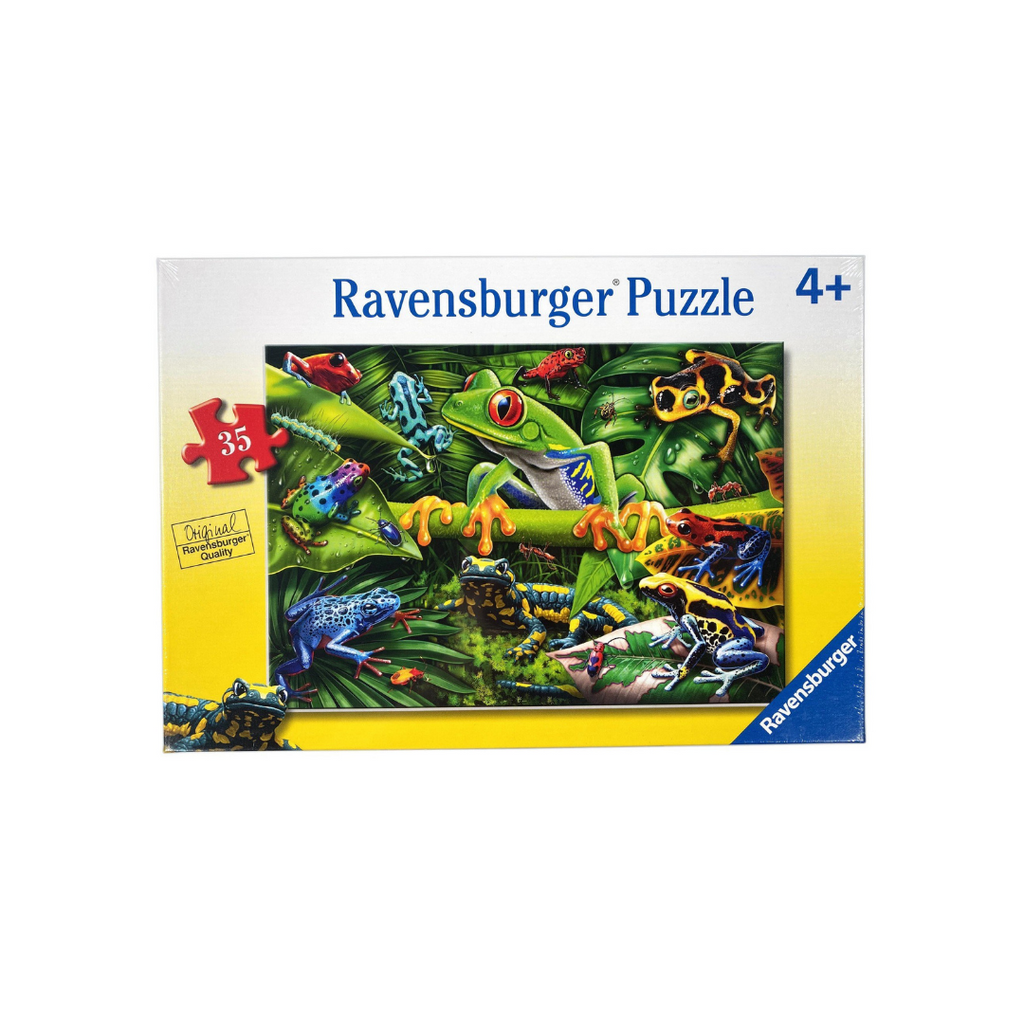 the puzzle box showing the puzzle art featuring various colorful frogs