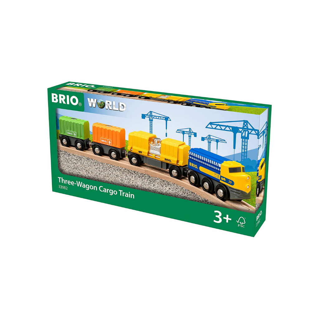 the package showing the engine pulling three cargo cars