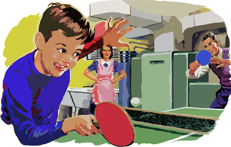 an illustration of a retro family playing ping pong