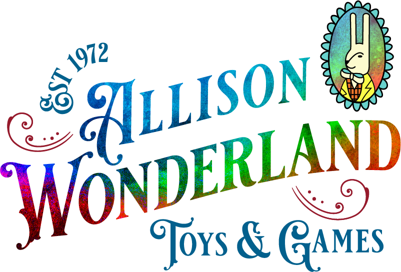 The Allison Wonderland logo with a watercolor background and the words established and toys and games. An illustration of a white rabbit in a looking glass is next to the logo.