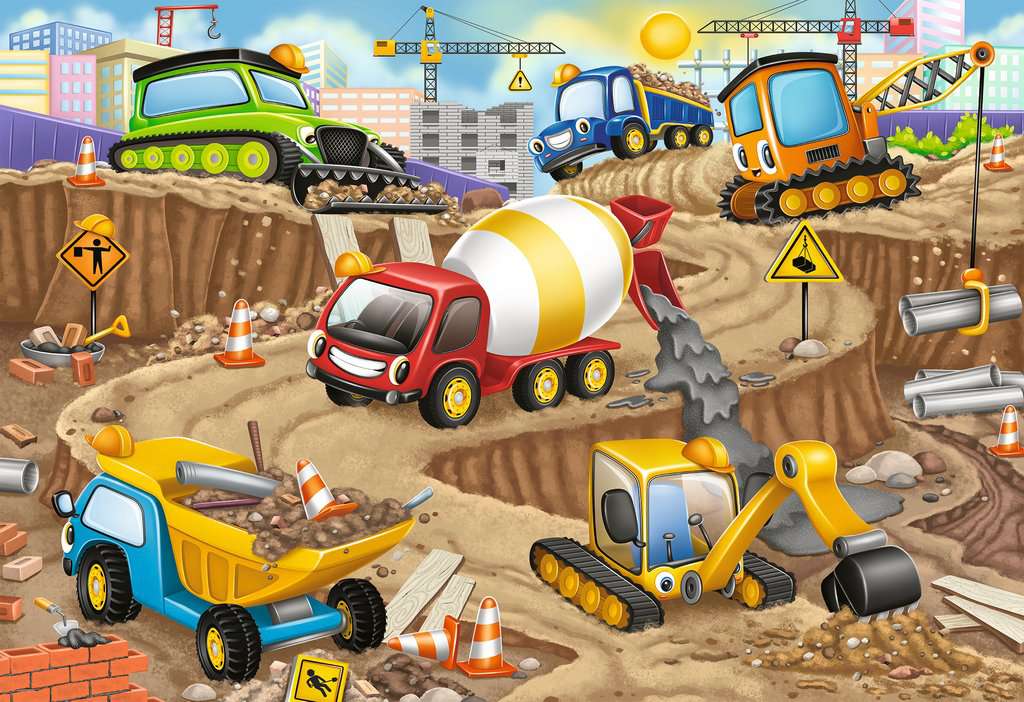 the puzzle showing construction vehicles