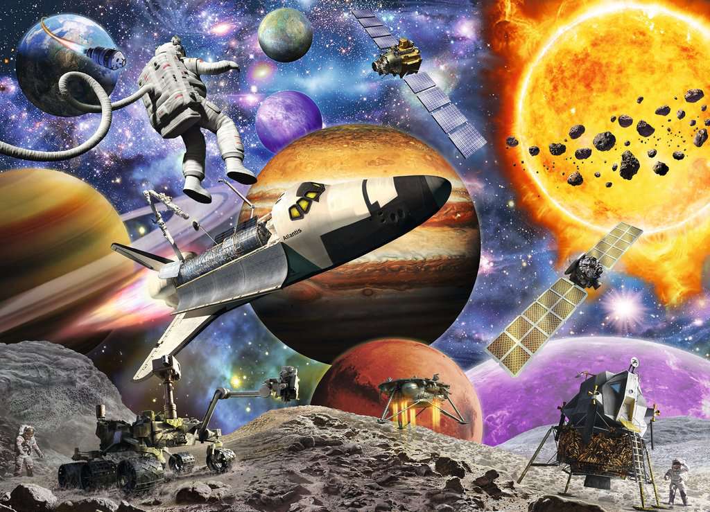 the puzzle art showing multiple planets, an astronaut, moon landscape, mars rovers and more